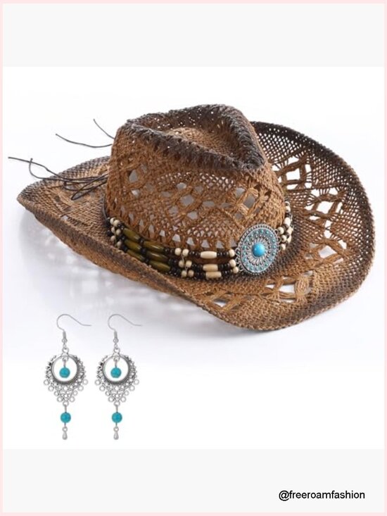 Western Straw Cowboy Hat with Decorative Bands and Earrings Cowgirl Sun Hat for main image 7